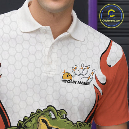 Custom Funny Alligator Bowling Men Polo Shirt, Alligator Orange Bowling Team League Shirt IPHW10686