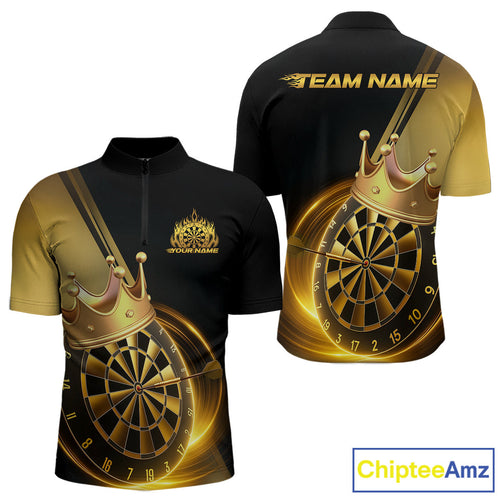Custom Black And Gold Dartboard With Crown Dart Team Men Quarter-Zip Shirts, Dart Jerseys IPHW9995