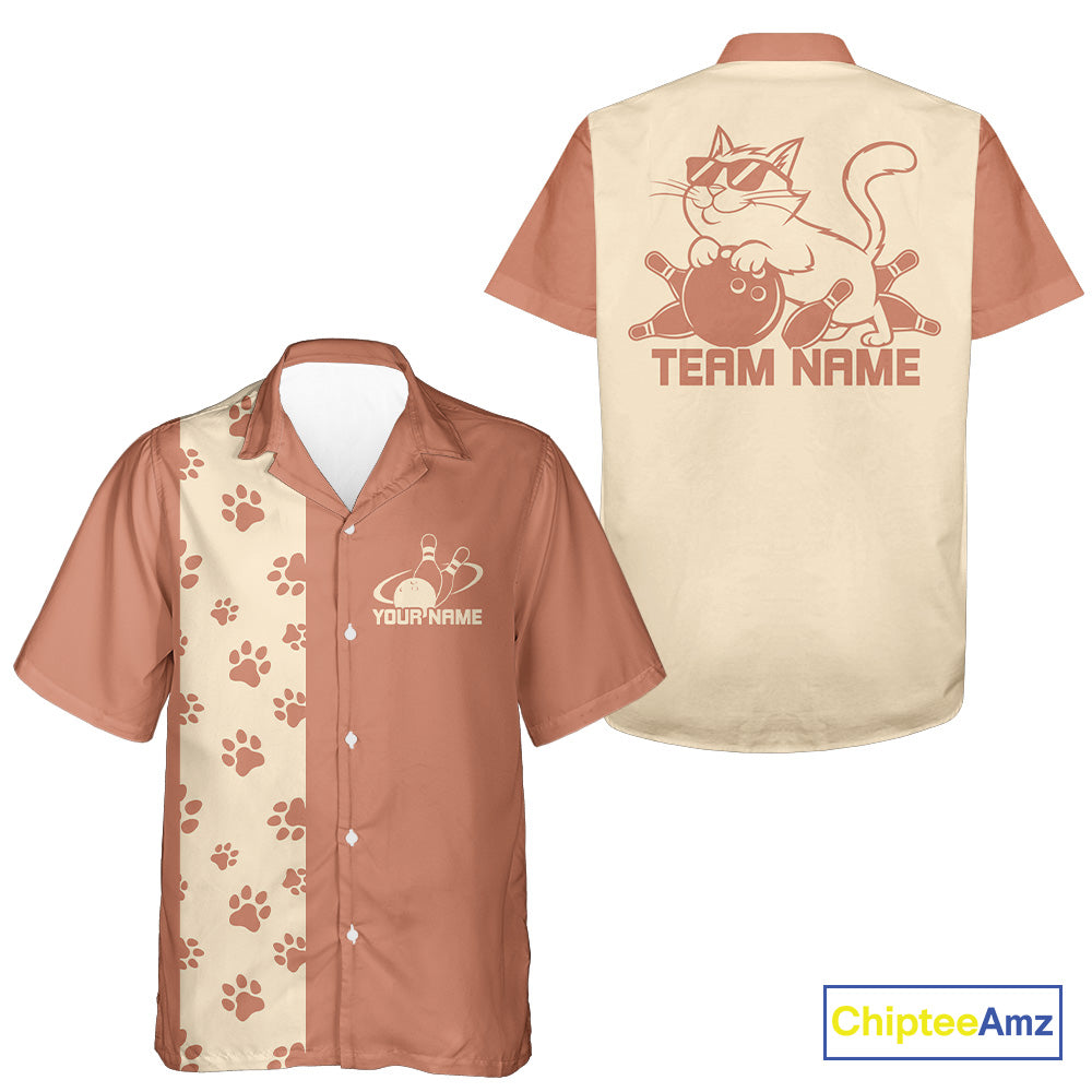 Custom Retro 50S Cat Bowling Button Up Shirt Men And Women, Vintage Cat Bowling Shirt IPHW10097