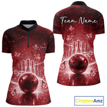 Load image into Gallery viewer, Custom Red Butterfly Women Bowling Quarter-Zip Shirt, Ladies Bowling League Shirt IPHW10921