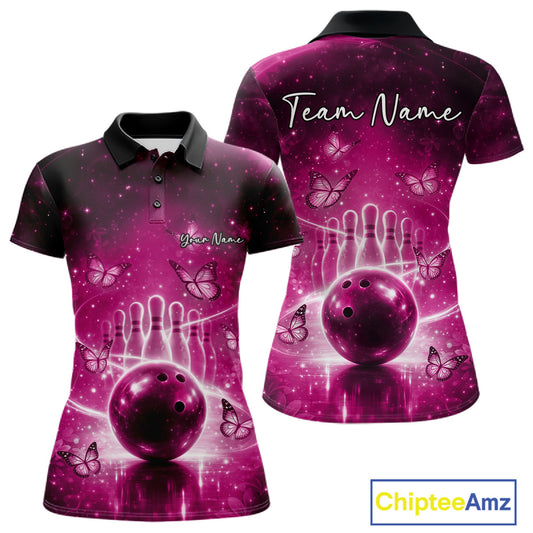 Custom Pink Butterfly Women Bowling Polo Shirt, Ladies Bowling League Shirt IPHW10923