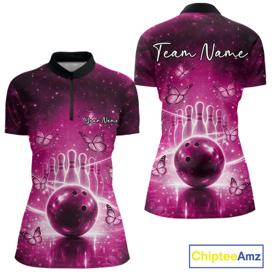 Custom Pink Butterfly Women Bowling Quarter-Zip Shirt, Ladies Bowling League Shirt IPHW10923