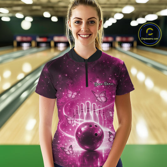 Custom Pink Butterfly Women Bowling Quarter-Zip Shirt, Ladies Bowling League Shirt IPHW10923