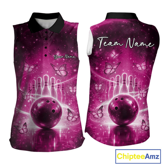Custom Pink Butterfly Women Bowling Sleeveless Polo Shirt, Ladies Bowling League Shirt IPHW10923