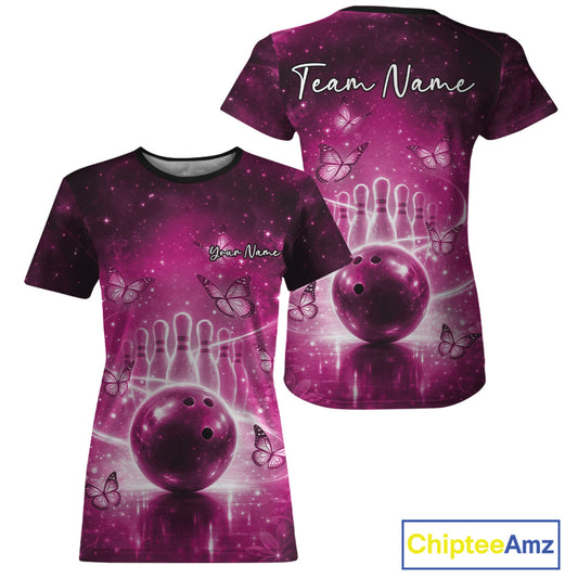 Custom Pink Butterfly Women Bowling T-Shirts, Ladies Bowling League IPHW10923