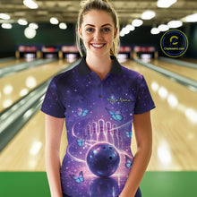 Load image into Gallery viewer, Custom Blue And Purple Butterfly Women Bowling Polo Shirt, Ladies Bowling League Shirt IPHW10925