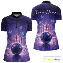 Load image into Gallery viewer, Custom Blue And Purple Butterfly Women Bowling Shirt, Ladies Bowling League Shirt IPHW10925