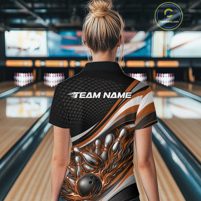 Back view female model in black and orange quarter zip bowling shirt in bowling lane, flame bowling ball and pins sporty illustration