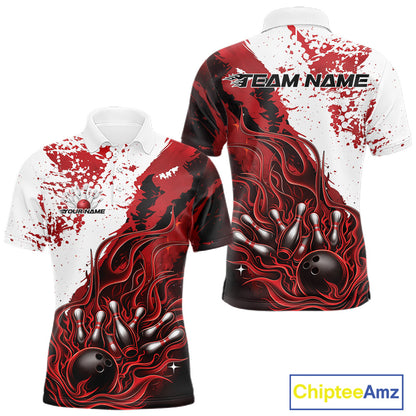 Front and back view mens bowling polo shirt mockup, black base with red and white flame bowling ball and pins artwork, studio presentation
