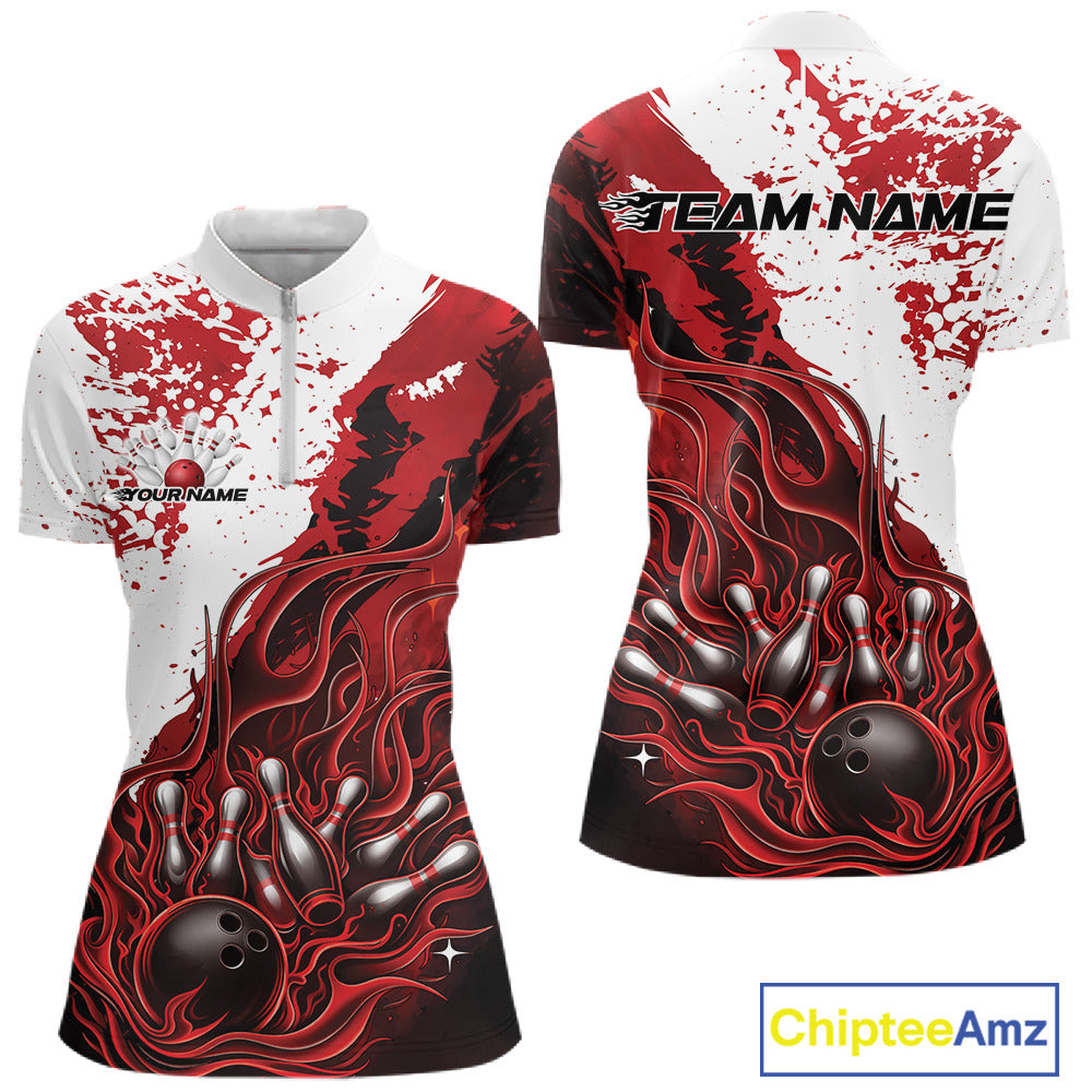 Front and back view of a womens black bowling quarter-zip shirt mockup showcasing flame bowling ball and pins design in red and white tones with energetic sports graphics.
