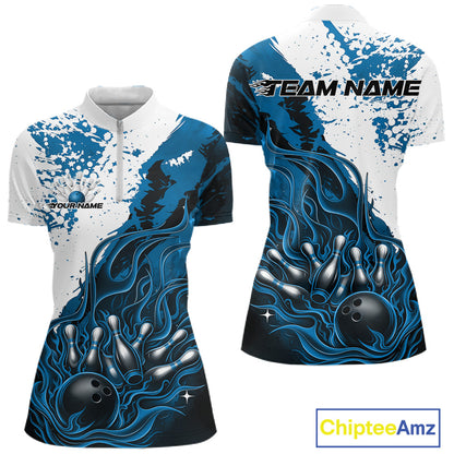 Front and back view of a womens black bowling quarter-zip shirt mockup featuring flame bowling ball and pins design in blue and white tones with energetic sportswear graphics.