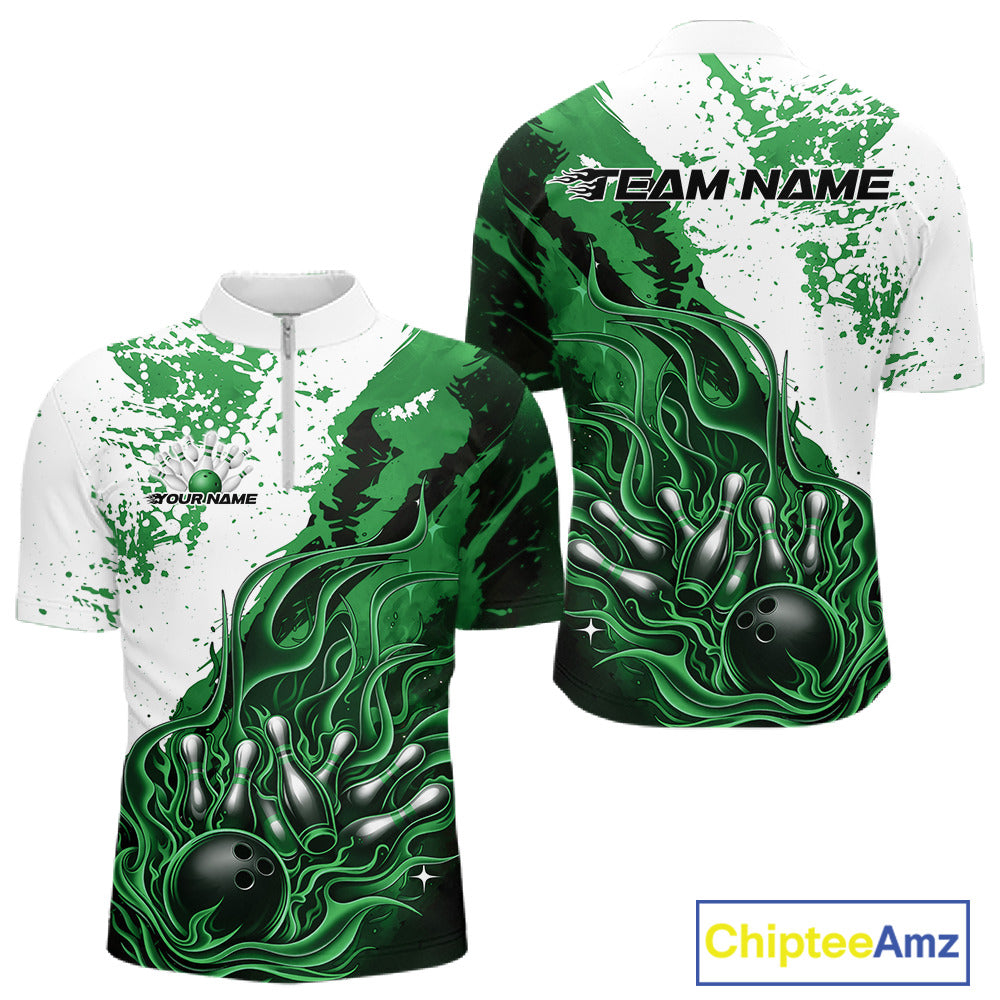 Front and back view of a mens black bowling quarter-zip shirt mockup featuring flame bowling ball and pins design in black, green, and white tones.