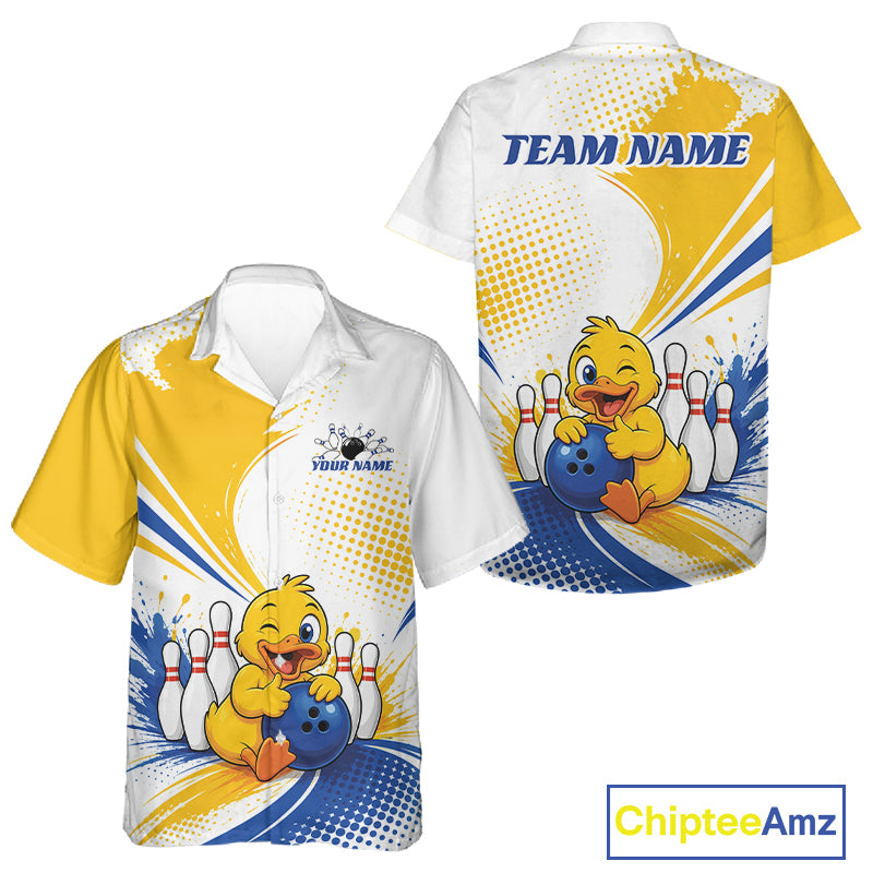 Front and back views of a short-sleeve bowling-themed button-up shirt on a white background. The shirt features a cartoon yellow duck holding a blue bowling ball with bowling pins, yellow and blue splash graphics, and customizable text areas reading 'TEAM NAME' and 'Your Name' on the back and chest.