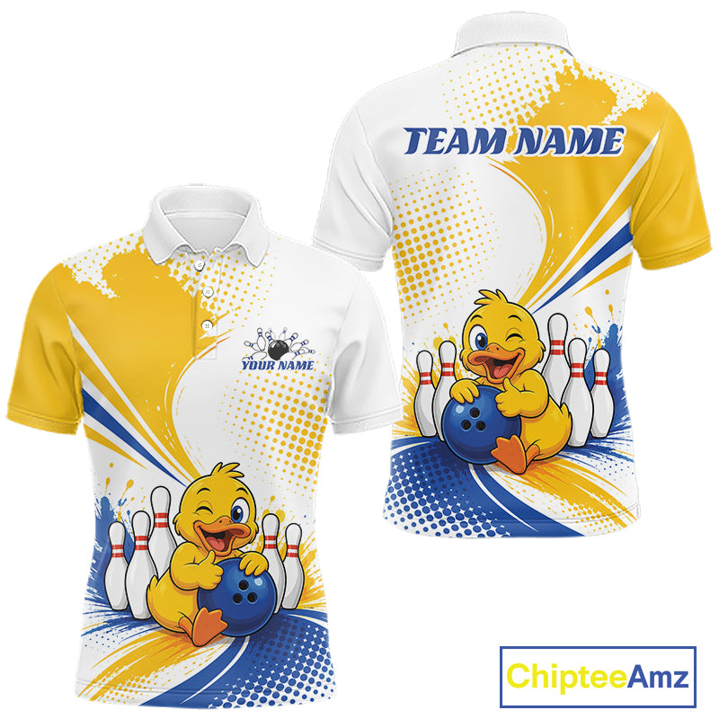 Custom unisex short-sleeve polo shirt shown from front and back on a white background. The shirt features a yellow cartoon duck holding a blue bowling ball with bowling pins, yellow and blue graphic splashes, and customizable text areas reading TEAM NAME and YOUR NAME.
