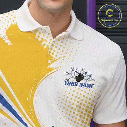 A close-up of a white short-sleeve polo shirt worn by a model, featuring a bold yellow abstract graphic on the left side, yellow halftone dots, blue and yellow diagonal stripes, and a customizable chest print with a bowling pin graphic and the text 'YOUR NAME'.