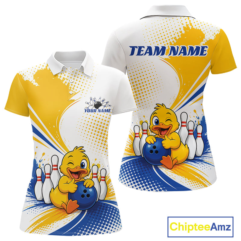 Front and back views of a customizable short-sleeve polo shirt featuring a cartoon yellow duck holding a blue bowling ball with bowling pins. The shirt has a white base with yellow and blue graphic patterns, including a 'TEAM NAME' placeholder on the back and 'YOUR NAME' on the chest.