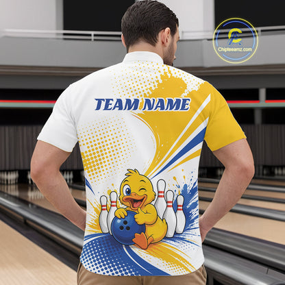 A man viewed from behind wearing a custom bowling-themed short-sleeve quarter zip shirt. The back of the shirt features a white, yellow, and blue graphic with a cartoon yellow duck holding bowling pins and a blue bowling ball, and the text 'TEAM NAME' in blue.