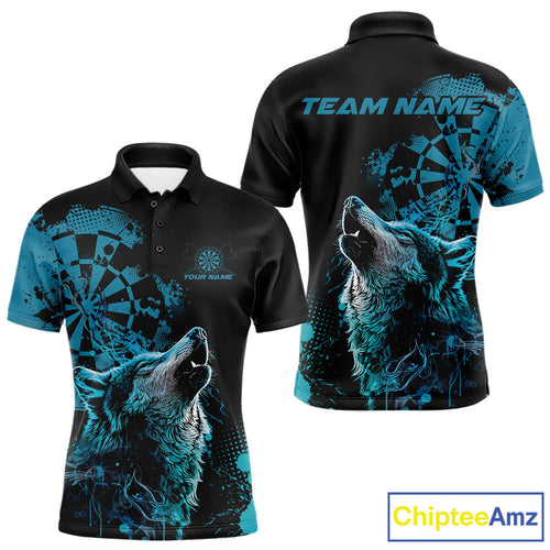 Custom Black And Blue Splatter Grunge Dart Wolf Men Polo Shirts, Wolf Dart Team Jerseys IPHW10010
