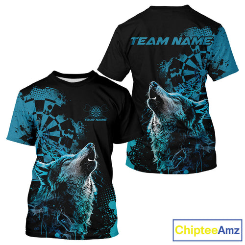 Custom Black And Blue Splatter Grunge Dart Wolf Men T-Shirts, Wolf Dart Team Jerseys IPHW10010