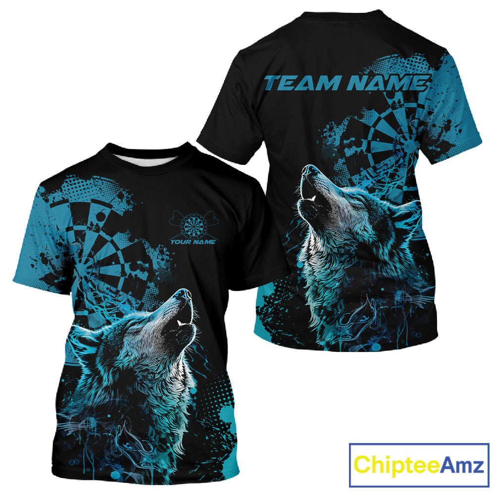 Custom Black And Blue Splatter Grunge Dart Wolf Men T-Shirts, Wolf Dart Team Jerseys IPHW10010
