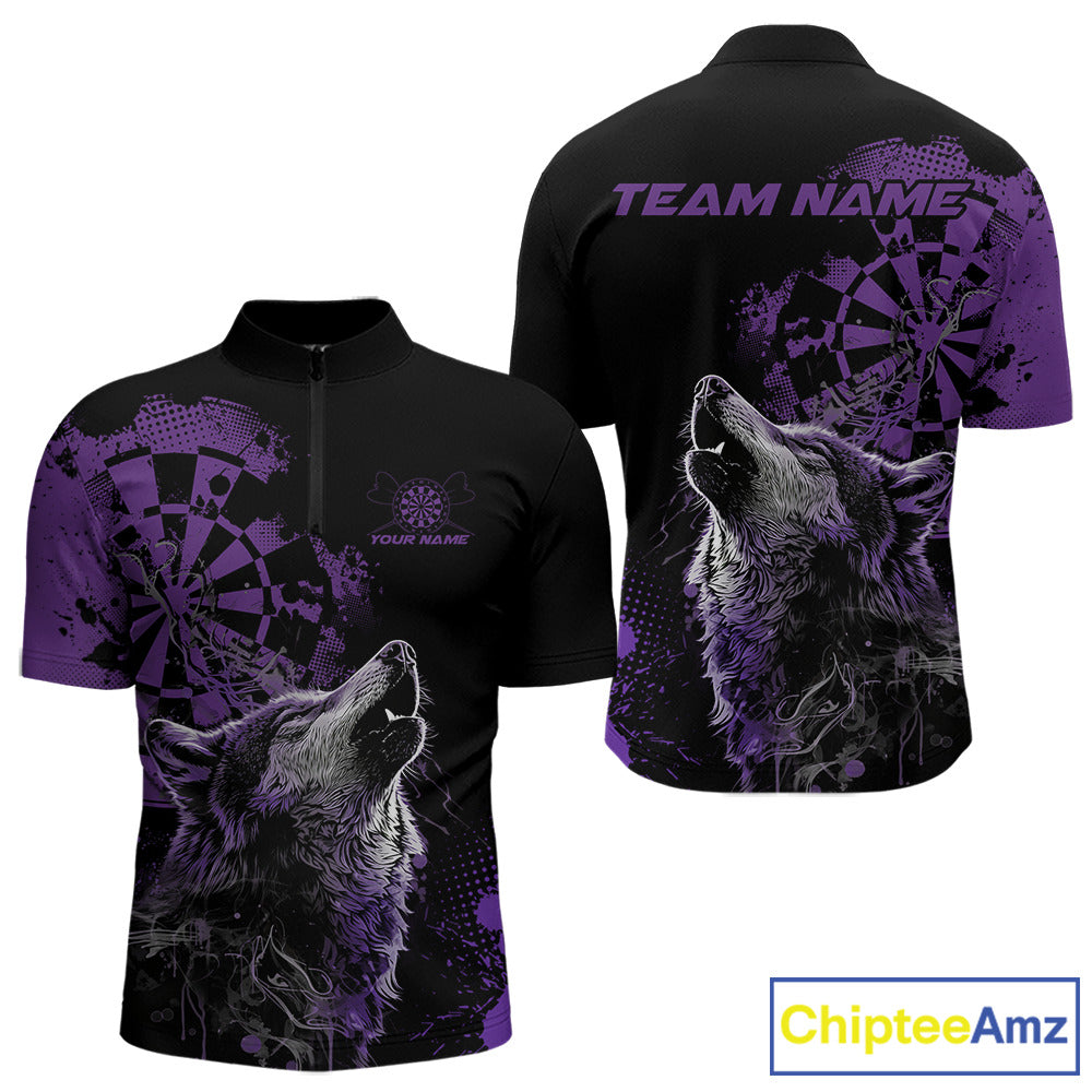 Custom Black And Purple Splatter Grunge Dart Wolf Men Quarter-Zip Shirts, Wolf Dart Team Jerseys IPHW10011