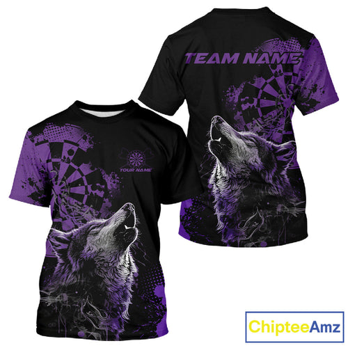 Custom Black And Purple Splatter Grunge Dart Wolf Men T-Shirts, Wolf Dart Team Jerseys IPHW10011