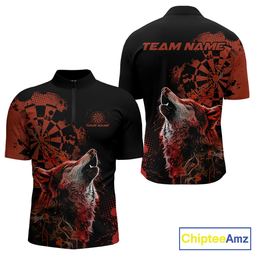 Custom Red Orange Splatter Grunge Dart Wolf Men Quarter-Zip Shirts, Wolf Dart Team Jerseys IPHW10012