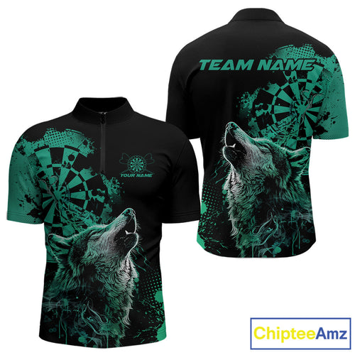 Custom Black And Green Splatter Grunge Dart Wolf Men Quarter-Zip Shirts, Wolf Dart Team Jerseys IPHW10013