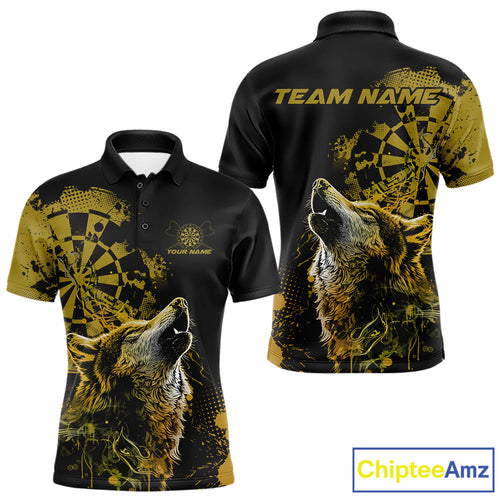 Custom Black And Yellow Splatter Grunge Dart Wolf Men Polo Shirts, Wolf Dart Team Jerseys IPHW10014
