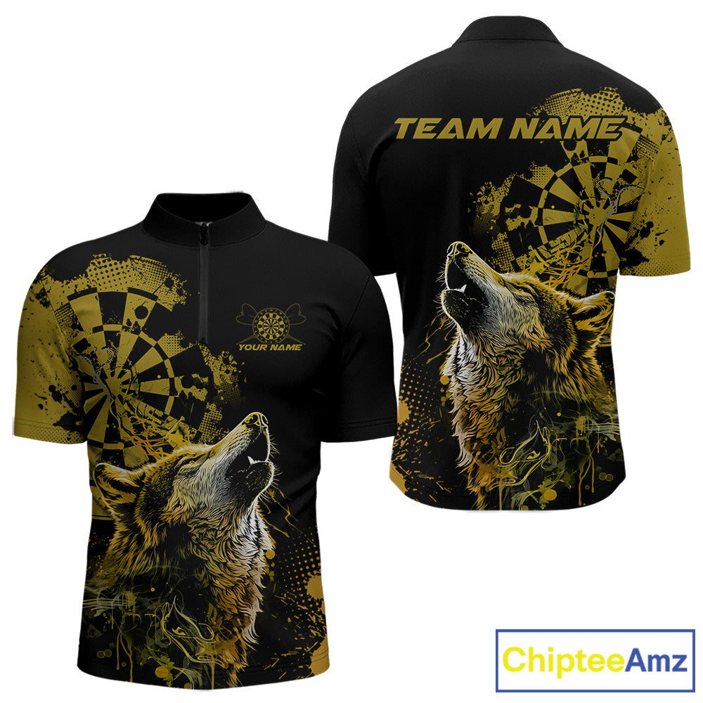 Custom Black And Yellow Splatter Grunge Dart Wolf Men Quarter-Zip Shirts, Wolf Dart Team Jerseys IPHW10014