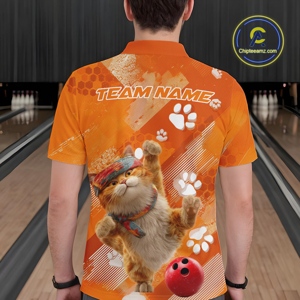 Custom Funny Orange Cat Bowling Men Polo Shirt, Cute Team Cat Paw Bowling Shirt IPHW10102
