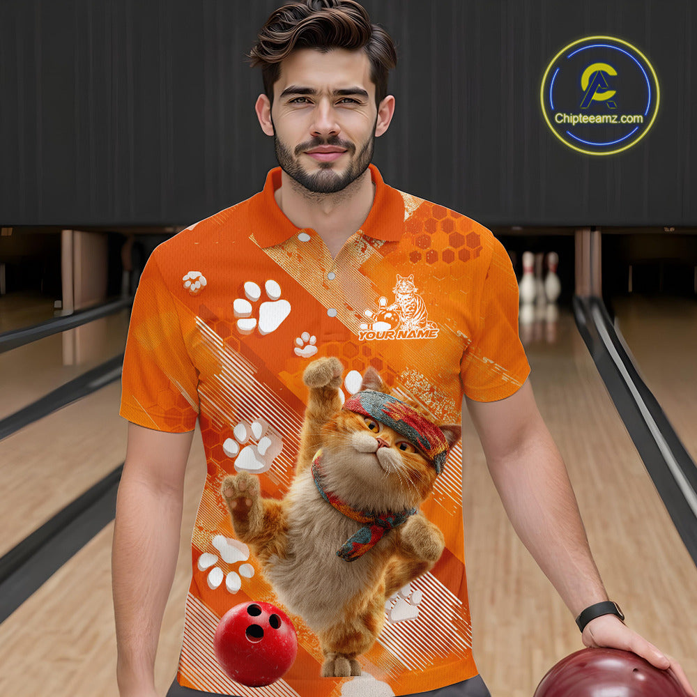 Custom Funny Orange Cat Bowling Men Polo Shirt, Cute Team Cat Paw Bowling Shirt IPHW10102