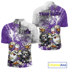 Load image into Gallery viewer, Custom Angry Bowling Ball And Pin Fight Funny Shirt, Purple Bowling And Beer Shirt IPHW11252