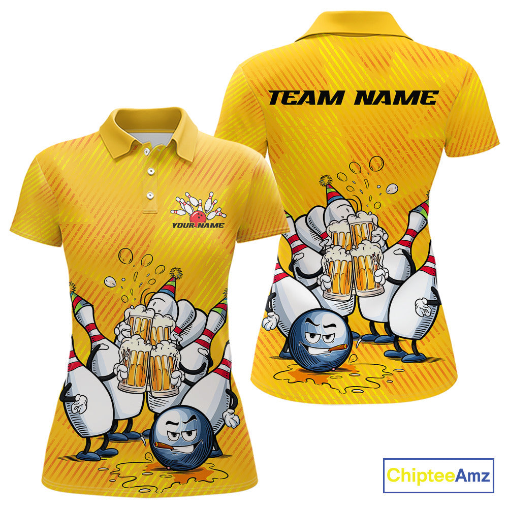 Custom Funny Bowling And Beer Women Polo Shirts, Bowling Ball And Pins Party Jerseys IPHW9827