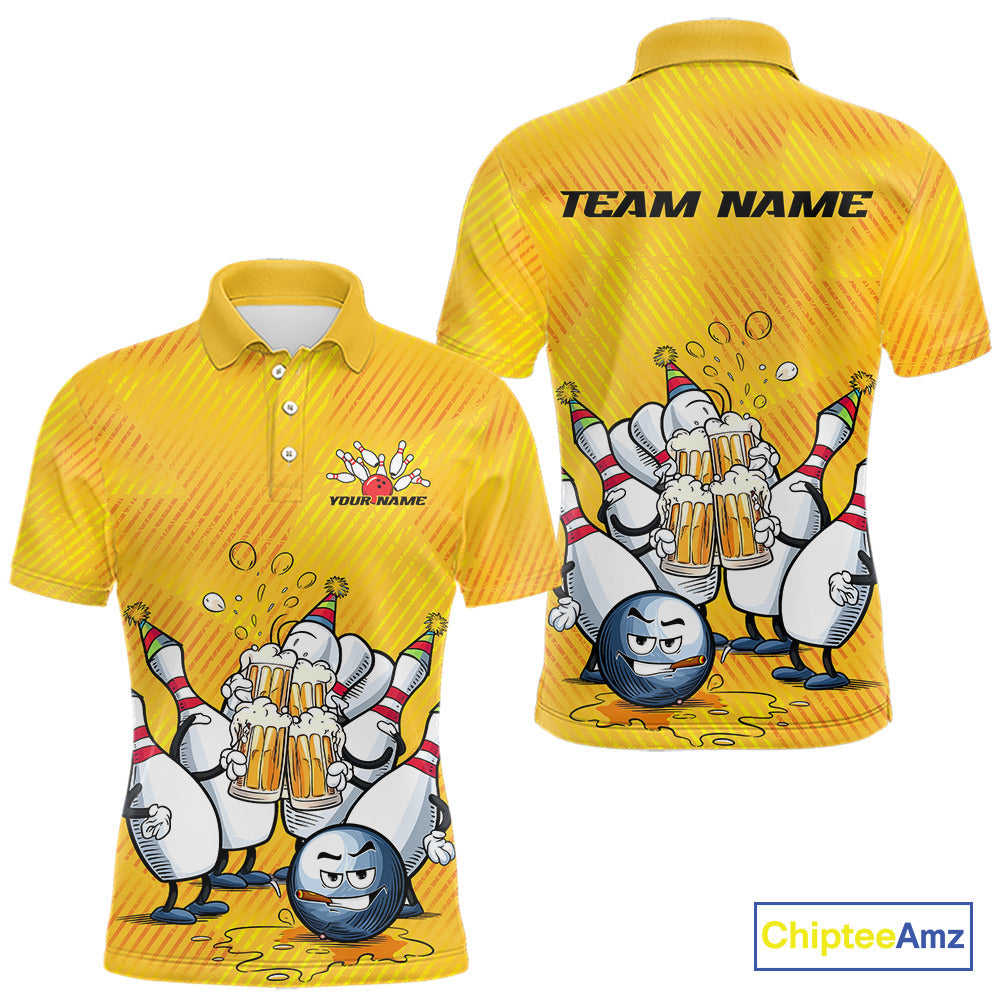 Custom Funny Bowling And Beer Men Polo Shirts, Bowling Ball And Pins Party Jerseys IPHW9827