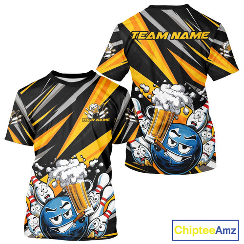 Custom Black And Yellow Funny Bowling And Beer Party T-Shirts For Men, Bowler Outfit IPHW9830