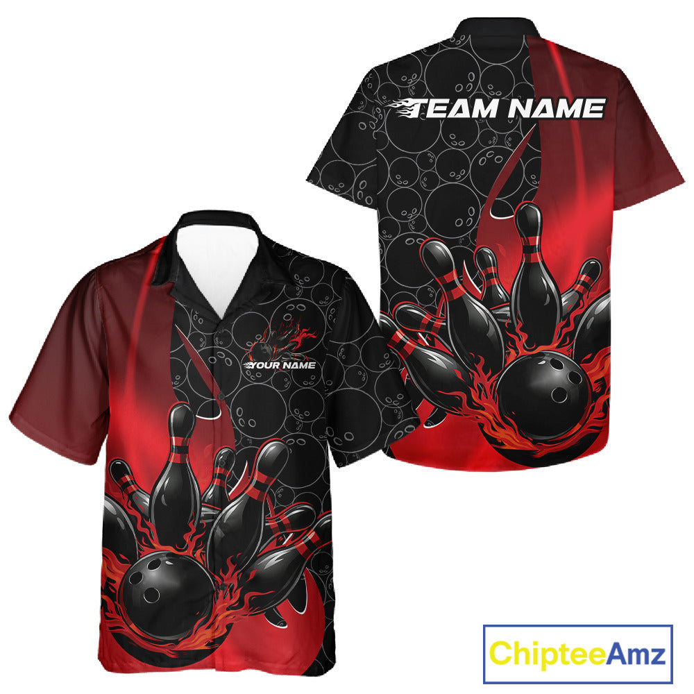Front and back view of a black and red button-up bowling shirt mockup featuring gradient bowling ball pattern with flaming black bowling ball striking pins energetic bowling design.
