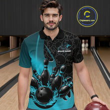 Load image into Gallery viewer, Custom Black And Blue Flame Bowling Team Men Polo Shirt, Bowling Ball Pattern Jerseys IPHW11278