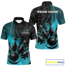 Load image into Gallery viewer, Custom Black And Blue Flame Bowling Team Men Polo Shirt, Bowling Ball Pattern Jerseys IPHW11278