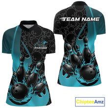 Load image into Gallery viewer, Custom Black And Blue Flame Bowling Team Women Quarter-Zip Shirt, Bowling Pattern Jersey IPHW11278