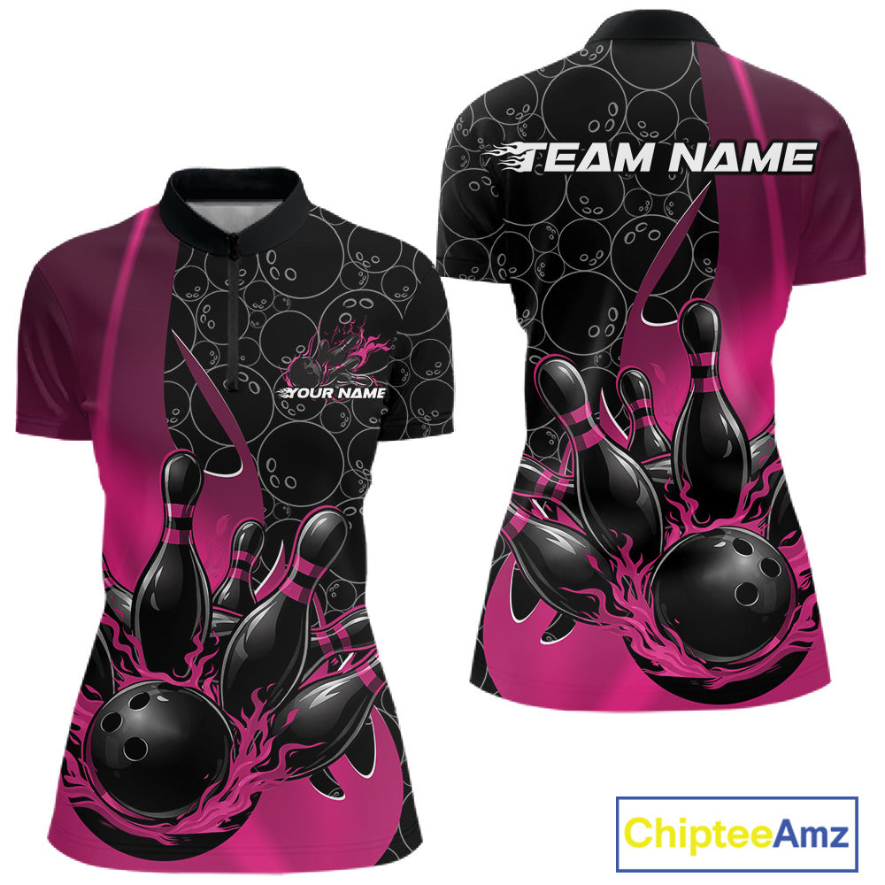 Womens quarter zip bowling shirt mockup displaying black and pink colorway with gradient bowling ball pattern and flaming black ball striking pins artwork