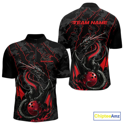 Custom Gray And Red Camo Dragon Claws Bowling Men Quarter-Zip Shirts, Team Bowling Jerseys IPHW9855