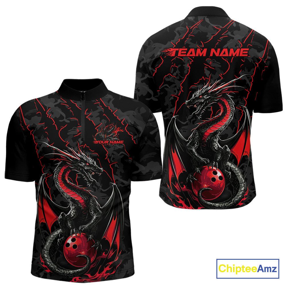 Custom Gray And Red Camo Dragon Claws Bowling Men Quarter-Zip Shirts, Team Bowling Jerseys IPHW9855