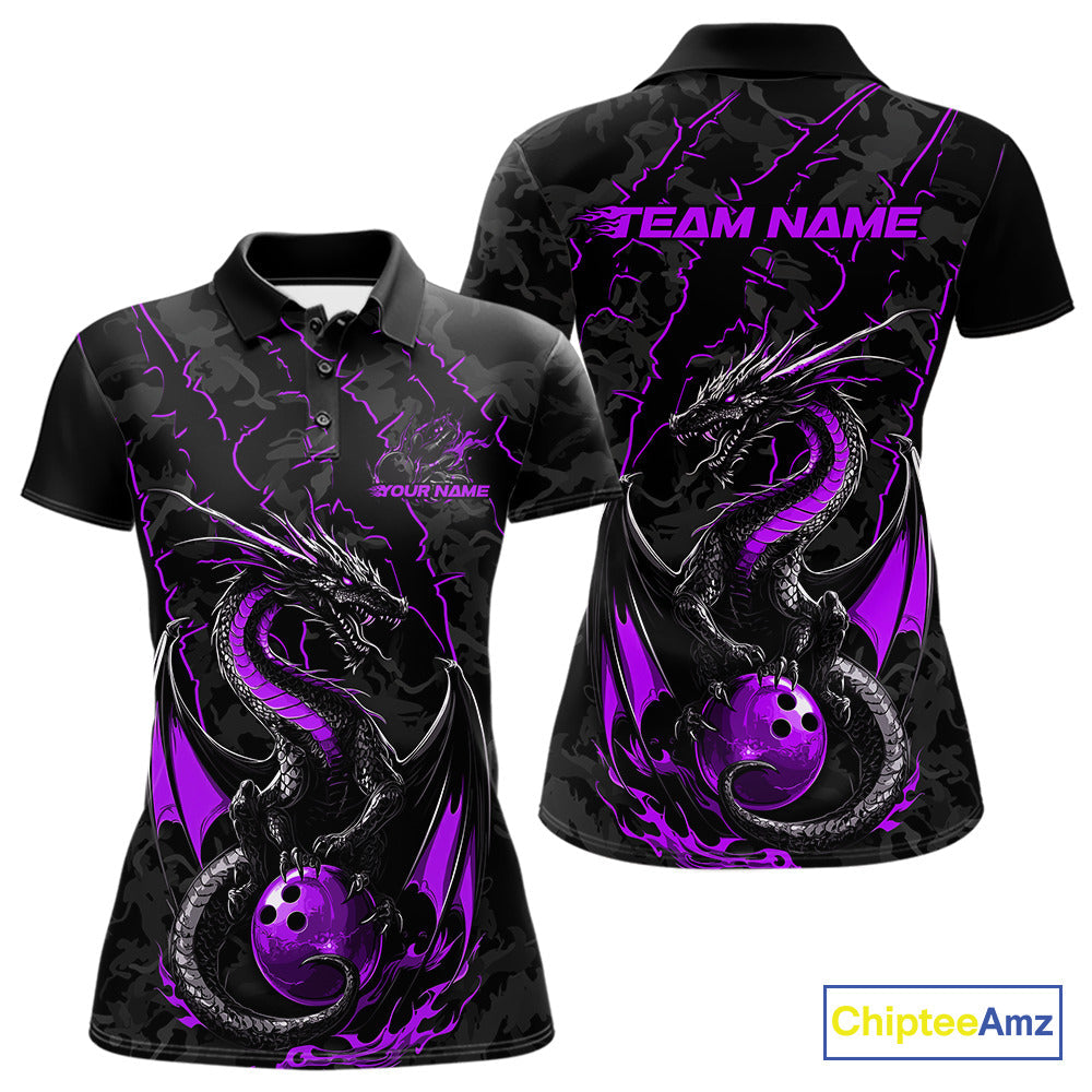 Custom Gray And Purple Camo Dragon Claws Bowling Women Polo Shirts, Team Bowling Jerseys IPHW9856