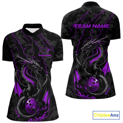Custom Gray And Purple Camo Dragon Claws Bowling Women Quarter-Zip Shirts, Team Jerseys IPHW9856