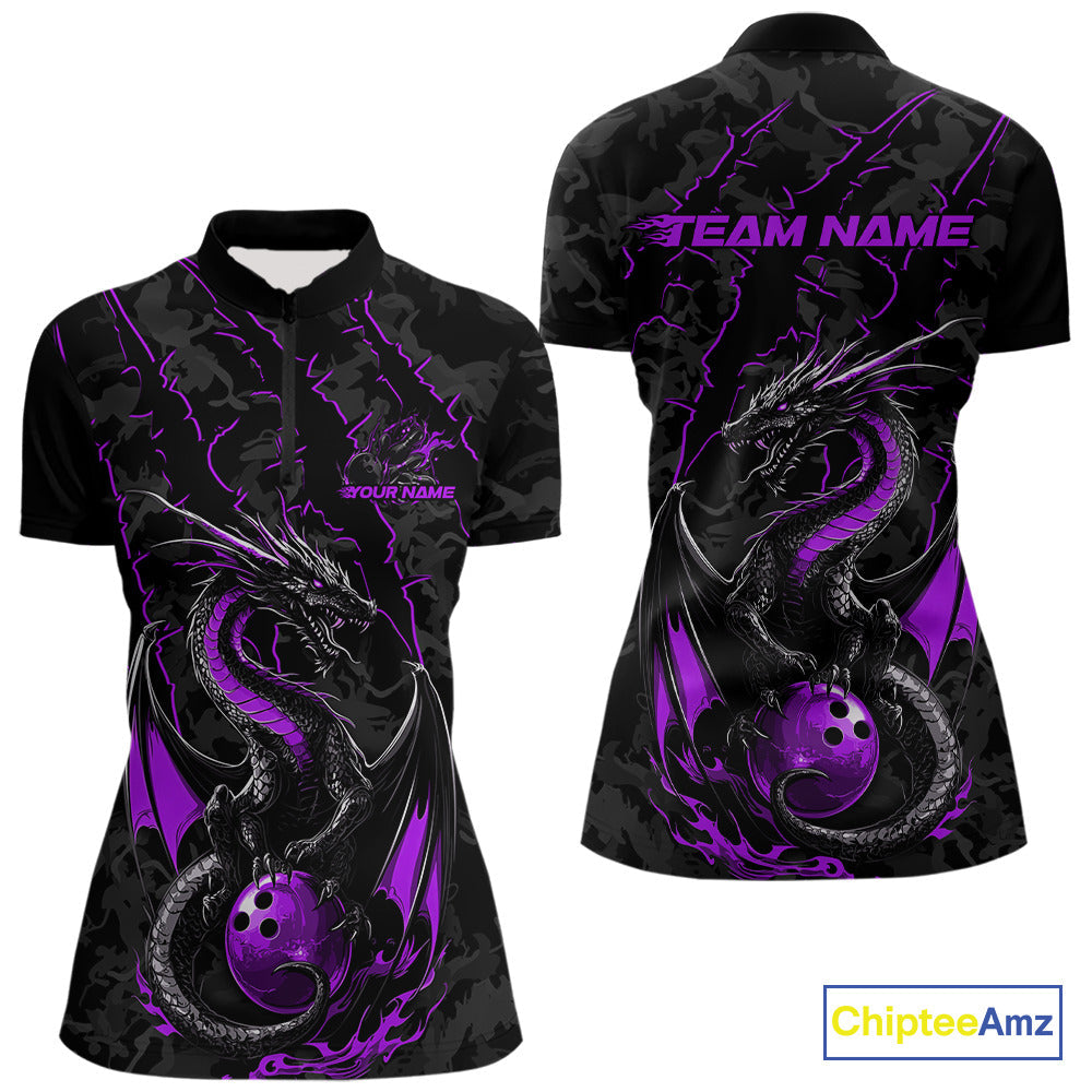 Custom Gray And Purple Camo Dragon Claws Bowling Women Quarter-Zip Shirts, Team Jerseys IPHW9856