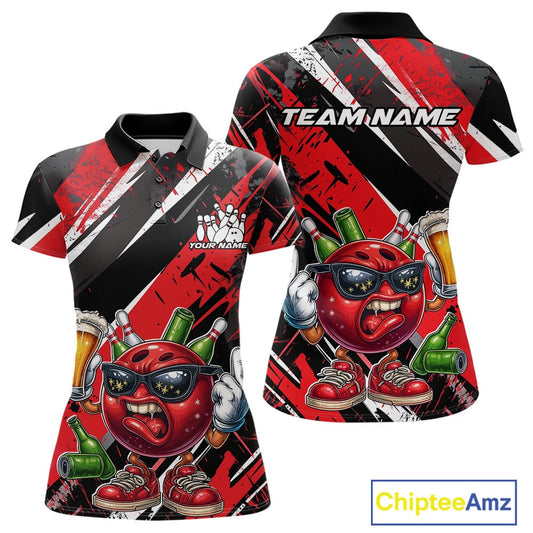 Custom Funny Bowling Ball Drink Beer Bowling Women Polo Shirt, Grunge Red Team Shirt IPHW10117
