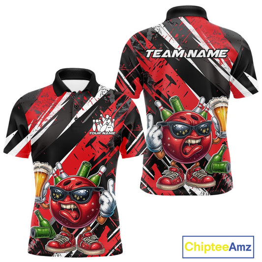 Custom Funny Bowling Ball Drink Beer Bowling Men Polo Shirt, Grunge Red Team Shirt IPHW10117