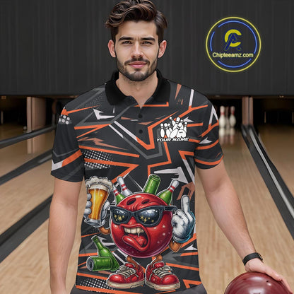 Custom Funny Bowling Ball Drink Beer Bowling Men Polo Shirt, Orange Bowling Team Shirt IPHW10121