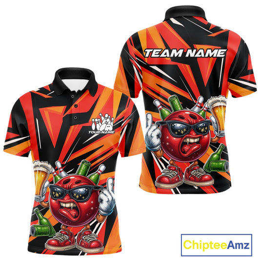 Custom Funny Bowling Ball Drink Beer Bowling Men Polo Shirt, Orange Bowling Team Shirt IPHW10122
